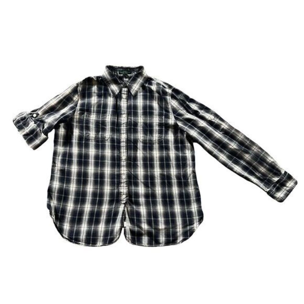 Lrl Ralph Lauren Jeans Shirt‎ Womens Large Black Gray Button Western Plaid Top